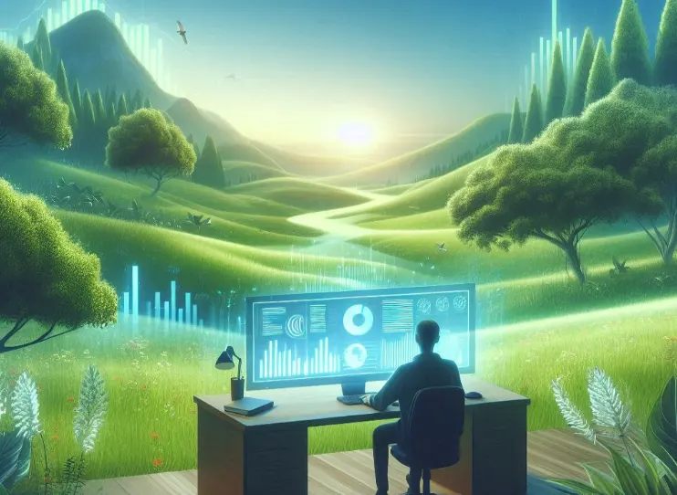 An illustration of a person sitting by a glowing display outside in a lush green environment
